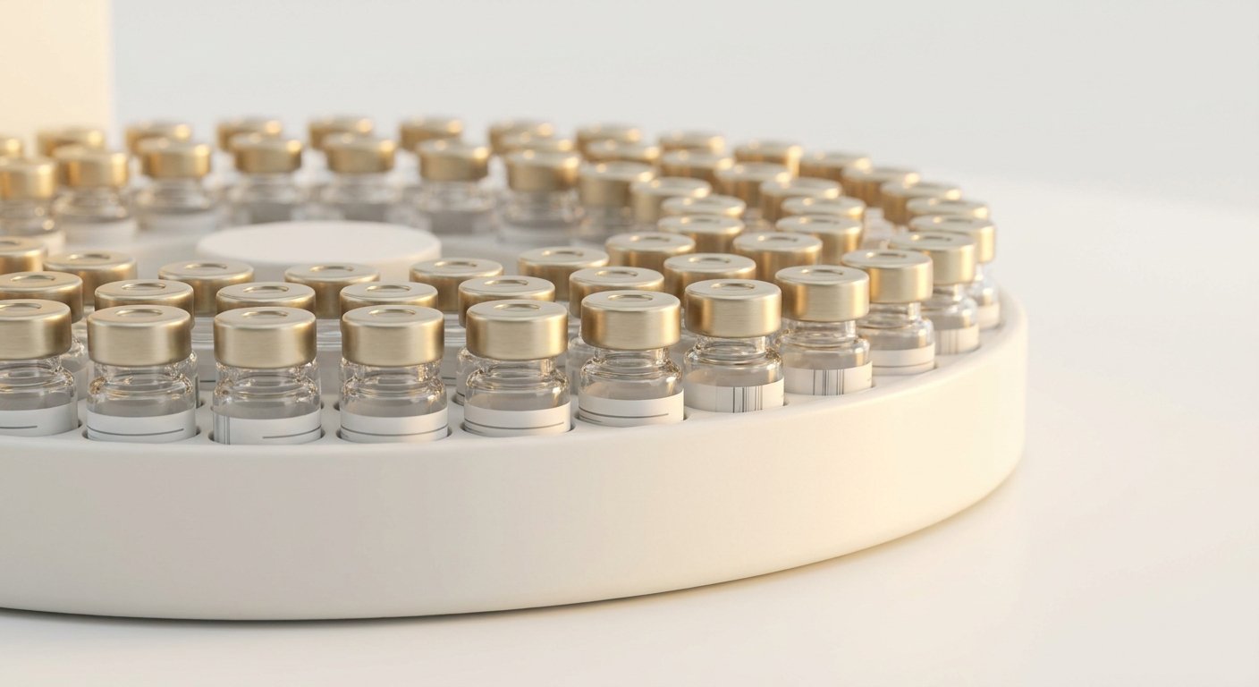 An HPLC autosampler tray of gold-capped vials awaiting purity analysis.