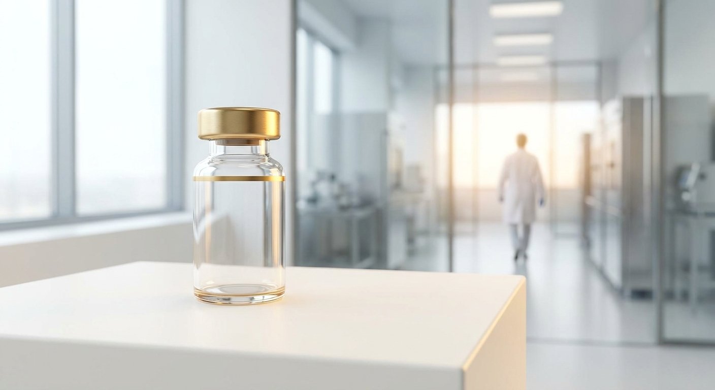 A sealed Standard Labs vial in a bright domestic laboratory corridor.